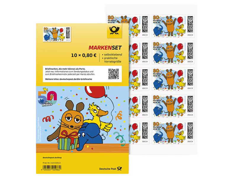 100 Stück Deutsche Post 0,80€ Briefmarken "50 Jahre Die Sendung mit der Maus" Selbstklebend